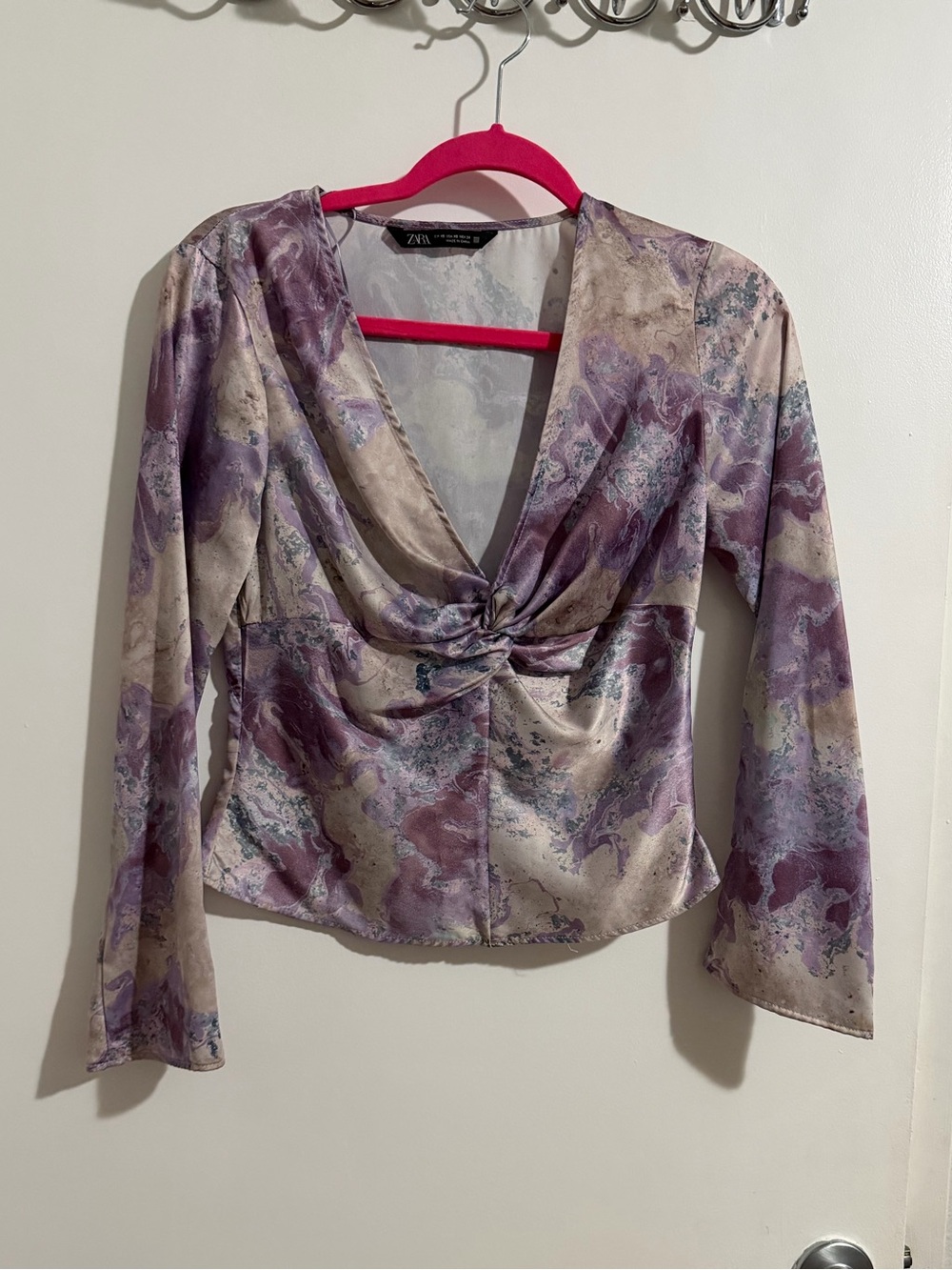 ZARA Satin Marble Print Long Sleeve Top – XS